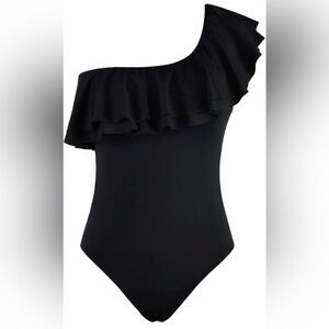 Hilor One-Shoulder Black Ruffle Swimsuit size 6 NWT